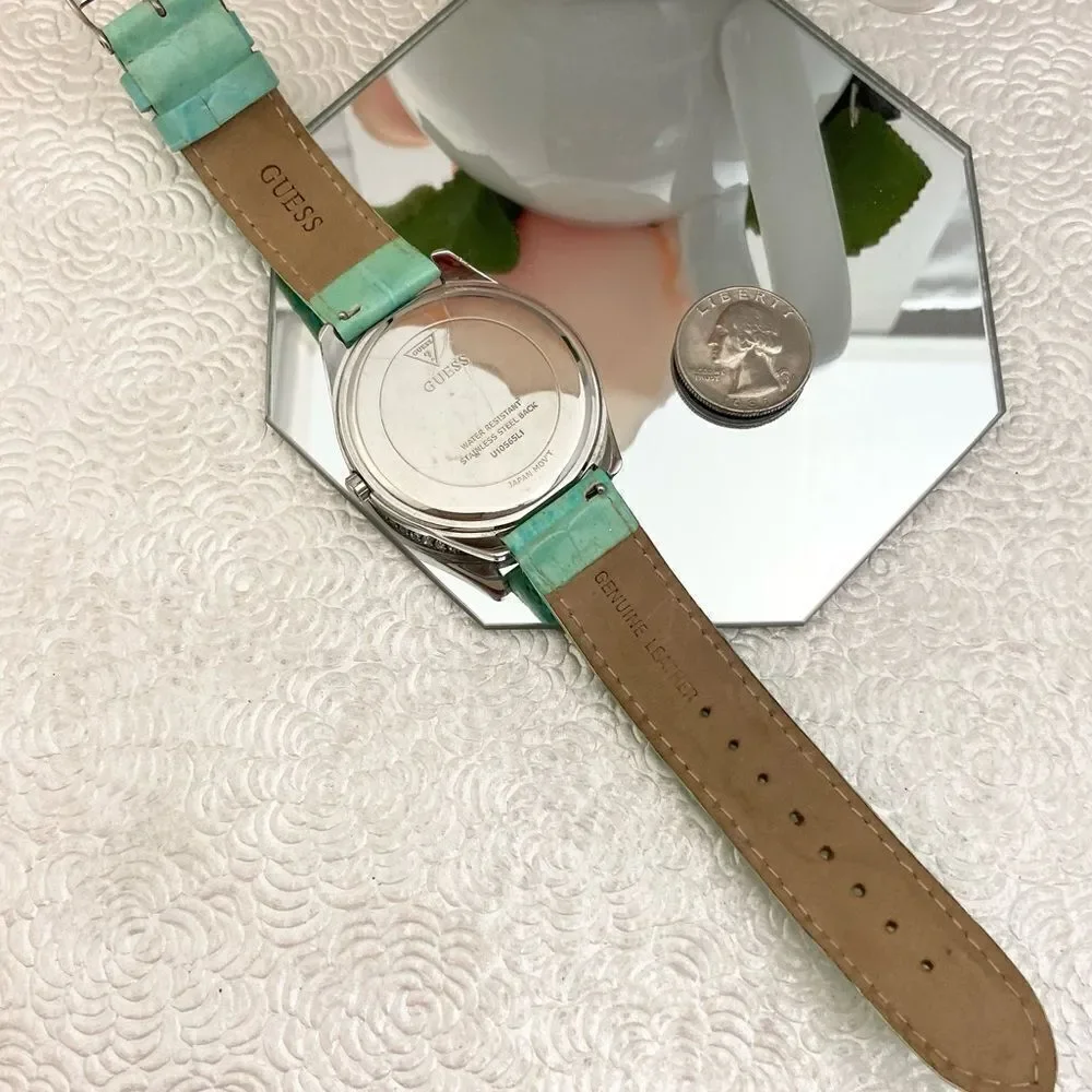 Guess Crystal Accented Bezel and Dial Large Face Watch with Leather Strap
